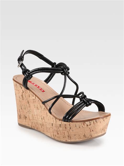 Prada Knotted Leather Cork Wedge Sandals In Black Lyst