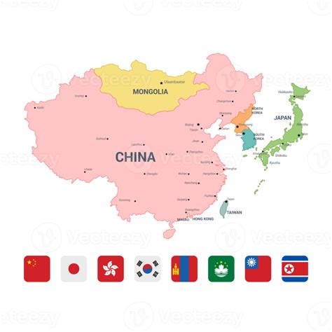 east asia map full color high detail separated  countries  png