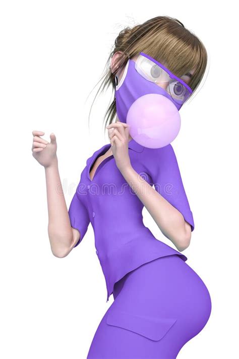 nurse cartoon is blowing a bubble with bubblegum on pin up pose in