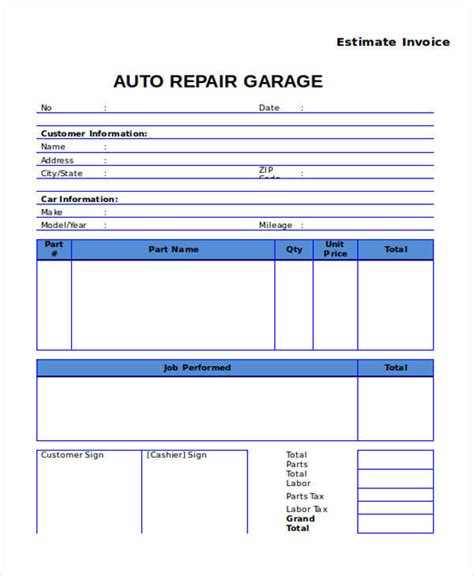 auto repair invoice templates  ms word  excel