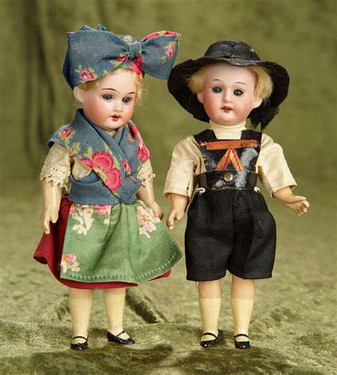 Pair 6 German Bisque Miniature Dolls In Original Colorful Folklore