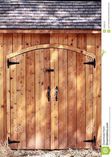 tight shot closed doors cedar wood shed stock image