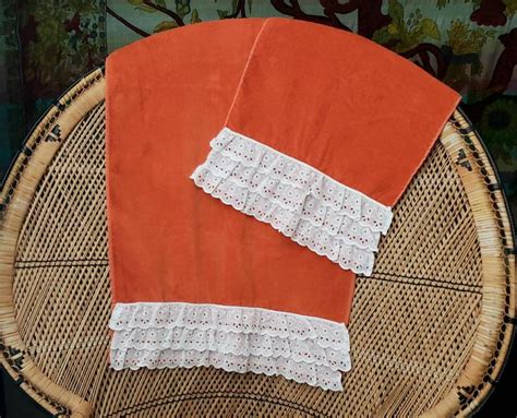 orange eyelet lace towels  cannon monticello bath  hand towel set   vintage