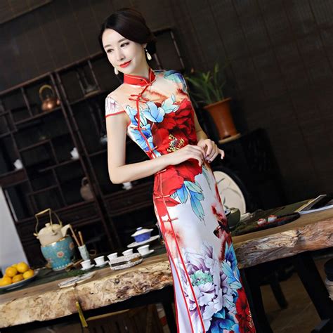 new spring vintage print chinese traditional women satin dress sexy