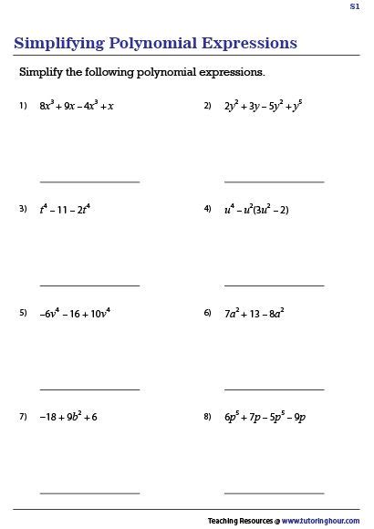 simplifying polynomial expressions worksheets algebraic expressions