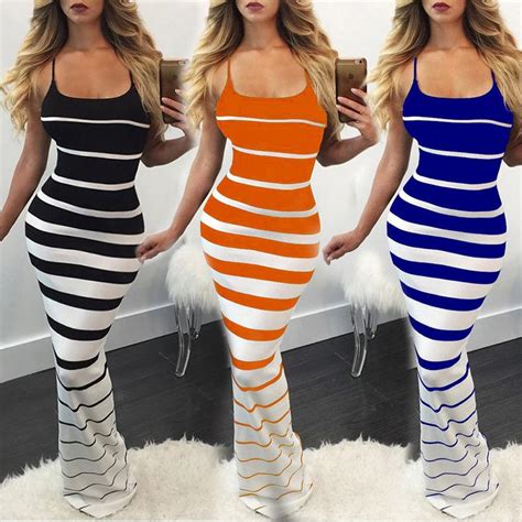New Fashion Women Summer Sexy Striped Slim Long Dress