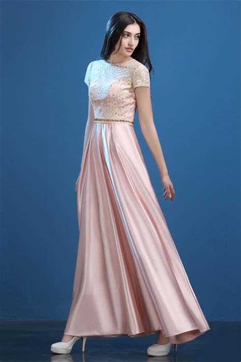 modest sheath long blush pink silk satin lace evening prom dress with