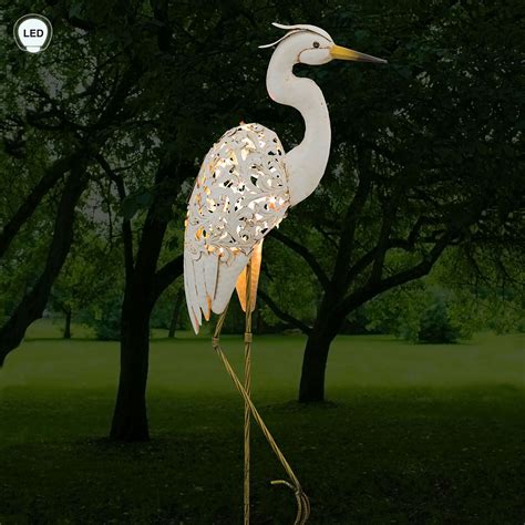 white egret solar bird led lighted outdoor sculpture