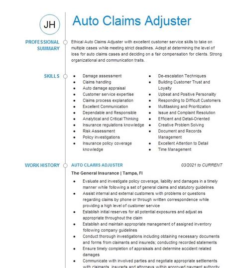 auto insurance claims adjuster resume objective