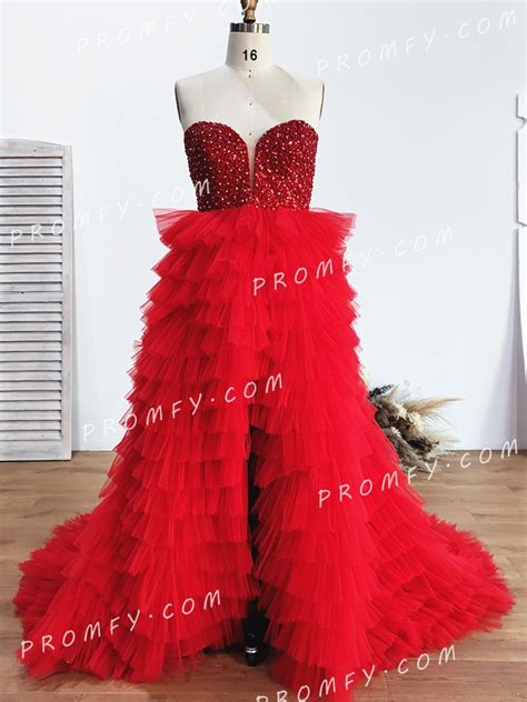 promfy beaded bodice and ruffled tiered tulle skirt prom dress