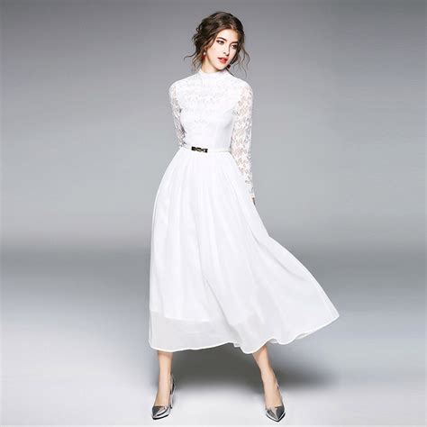 2018 women dress ladies chiffon white retro evening lace elegant party