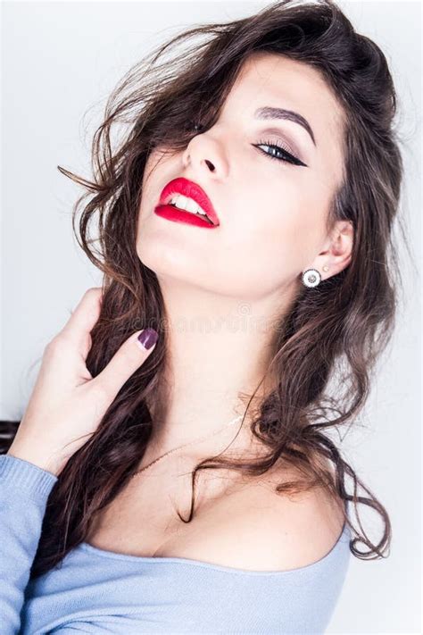 beautiful brunette with red lips stock image image of sultry woman