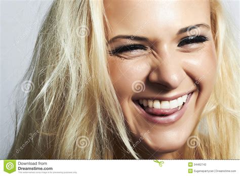 Blond Woman Mouth And White Teeth Smile With Tongue Stock