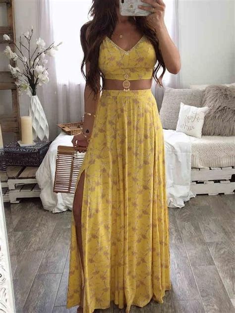 yellow color floral print crop top and maxi skirt two piece set