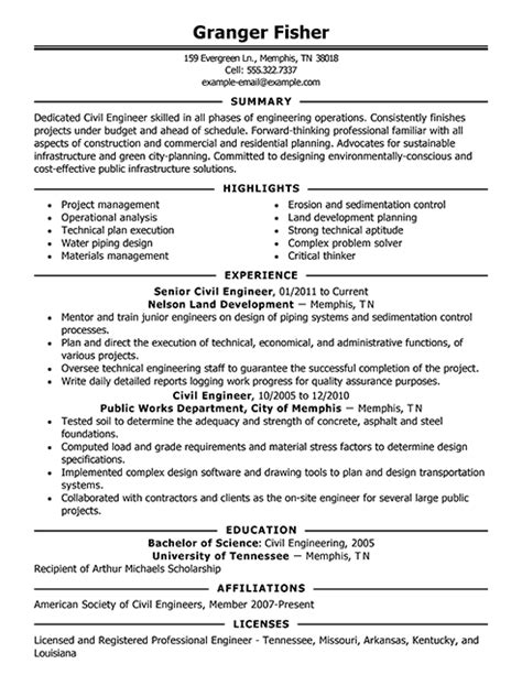 professional civil engineer resume examples   livecareer