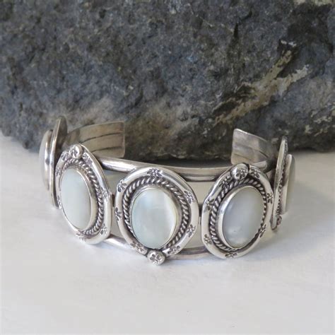 heavy sterling silver cuff bracelet mother  pearl vintage etsy