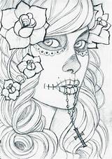 Muertos Dia Tattoo Skulls Muerte Tatouage Woman Imgarcade Catrinas Colouring Drus sketch template