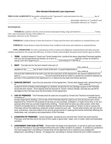 ohio standard residential lease agreement printable form templates