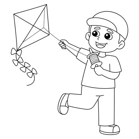 premium vector spring boy flying  kite isolated coloring page