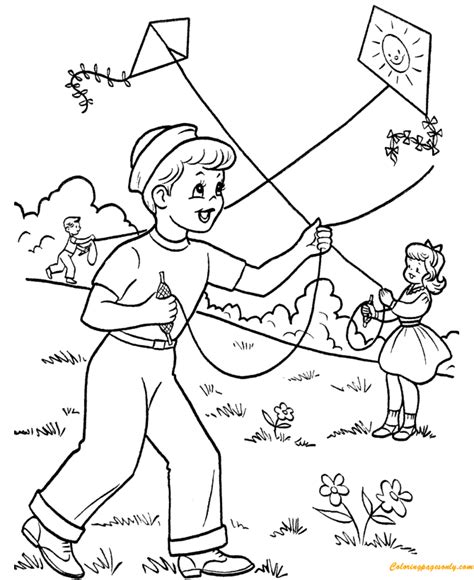flying kite  spring coloring page  coloring pages