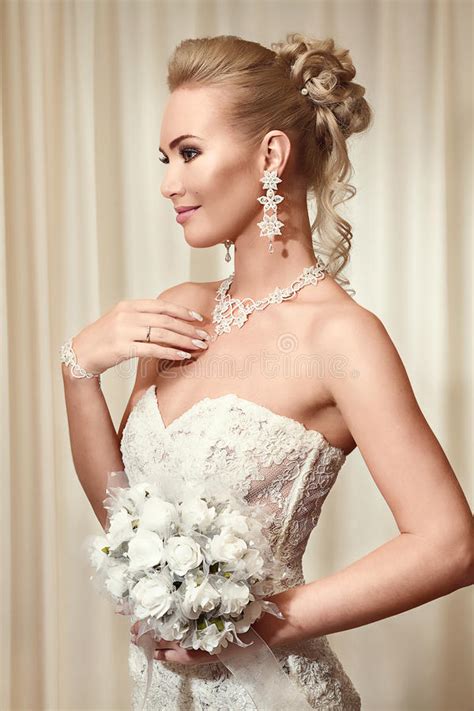 beautiful bride in elegant white lace wedding dress stock image image of flower caucasian