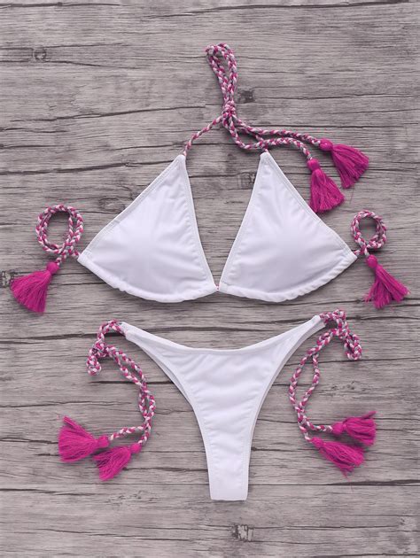 [16 Off] 2021 Tassels Braided Strap Bikini Set In Pink Zaful