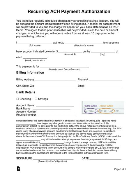 recurring ach payment authorization form  word eforms