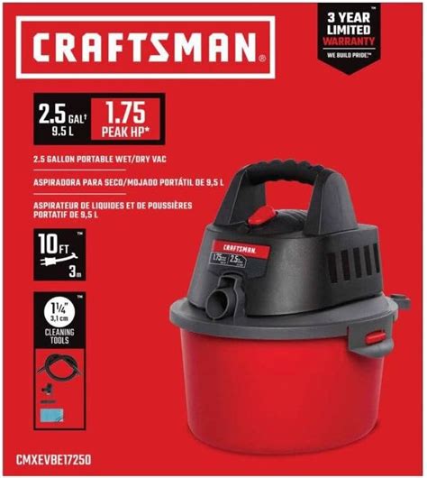 Craftsman Cmxevbe17250 2 5 Gallon 1 75 Peak Hp Wet Dry Vac Portable