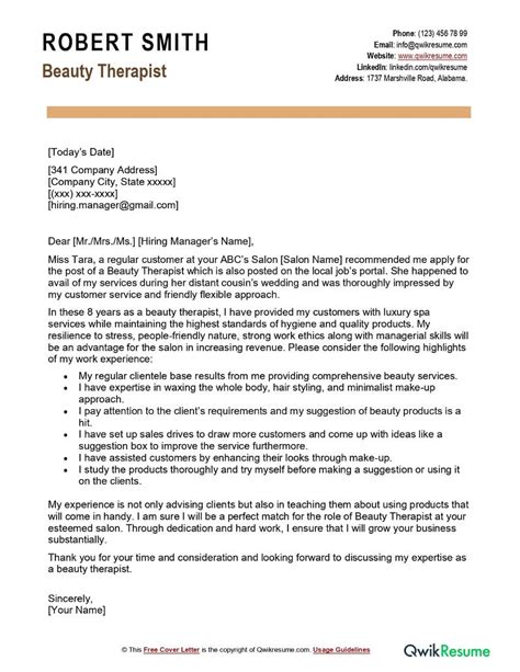 beauty therapist cover letter examples qwikresume