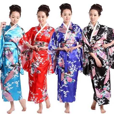 oriental peacock print satin yukata kimono dress for women woman haori