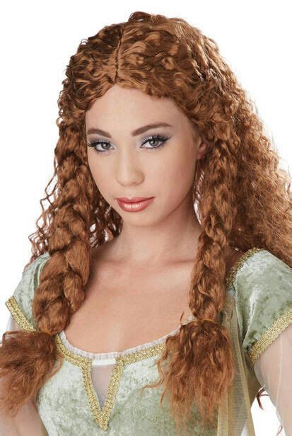 brunette viking princess long curly costume wig with braids ebay