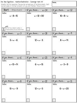 step equations addition  subtraction scavenger hunt worksheets