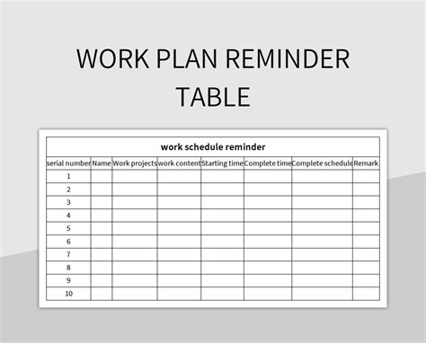 work plan reminder table excel template  google sheets file