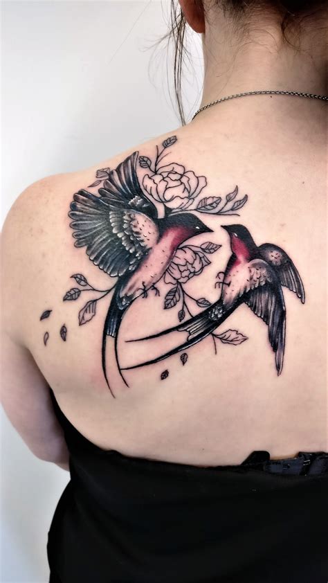 Two Stunning Swallows With Lined Flowers By Dave