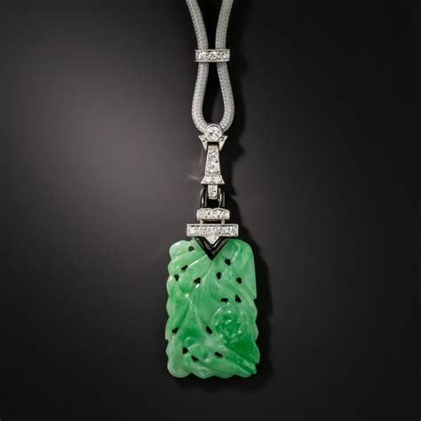 art deco carved jade diamond  onyx pendant