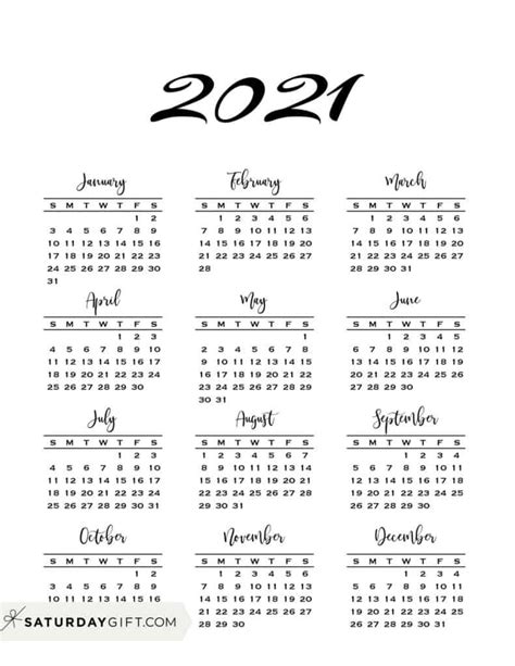 year   glance calendar  printable  calendar