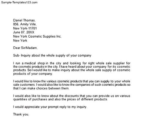 sample inquiry letter sample templates sample templates