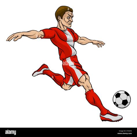 cartoon football soccer player character kicking  ball stock photo