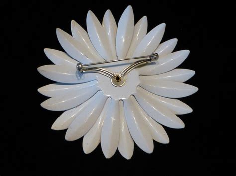 big 1960 s flower power daisy pin enameled metal black and white from