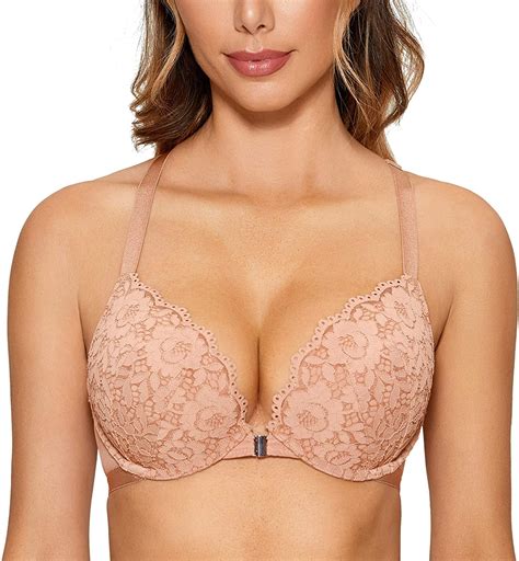 dobreva women s floral lace front closure padded push up underwire bra