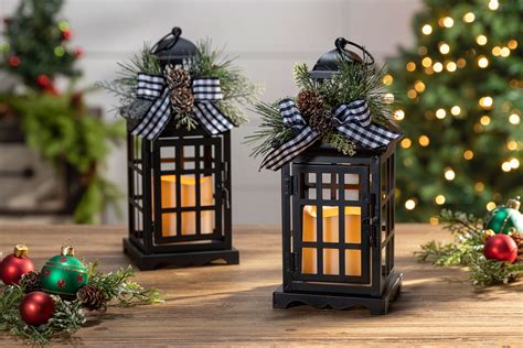 set   battery operated lighted black metal holiday lanterns  floral accents  timer