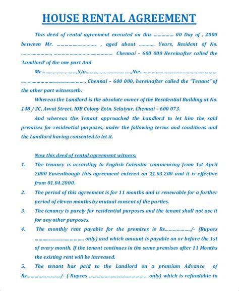 sample house rental agreement templates   ms word