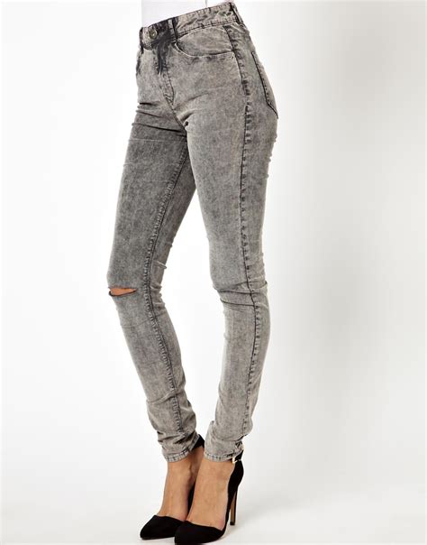 lyst asos ridley high waist ultra skinny jeans in grey acid wash cord