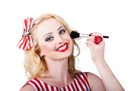 Cosmetics Pin Up Model Applying Blusher Makeup Stock