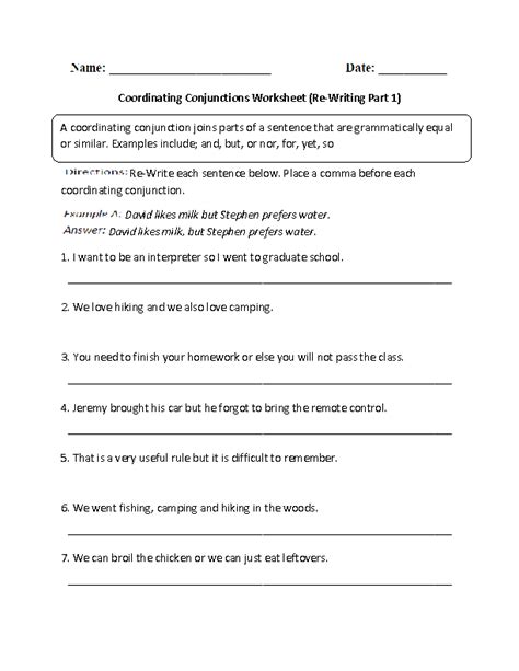 conjunctions worksheets  writing coordinating conjunctions worksheet
