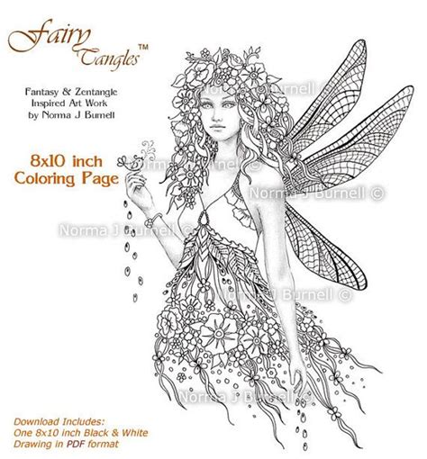 dragonfly fairy tangles printable gray scale coloring book etsy
