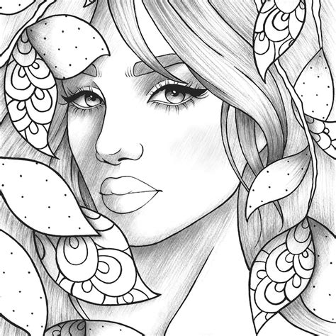adult coloring page girl portrait  leaves colouring sheet etsy