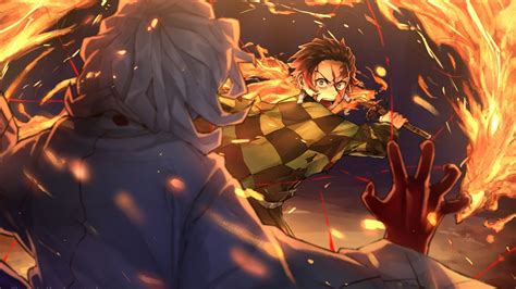 demon slayer tanjiro kamado fighting  fire hd anime