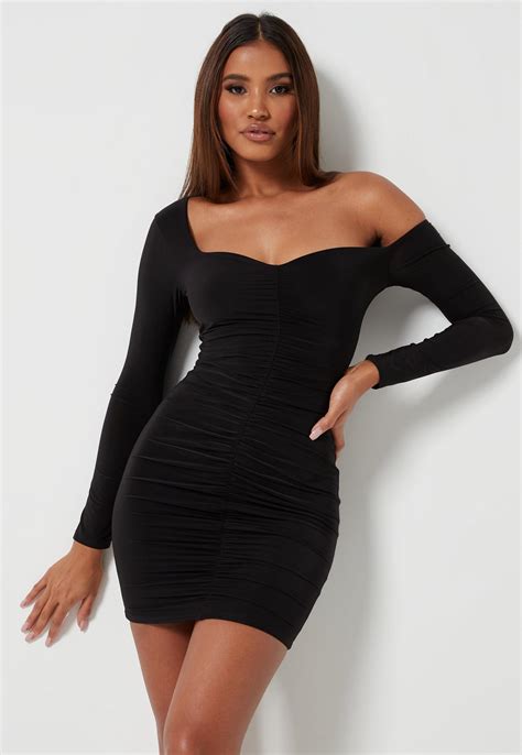 black slinky  shoulder ruched mini dress missguided