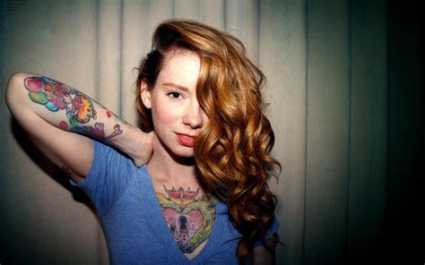 women curly hair tattoos redhead looking at viewer hattie watson